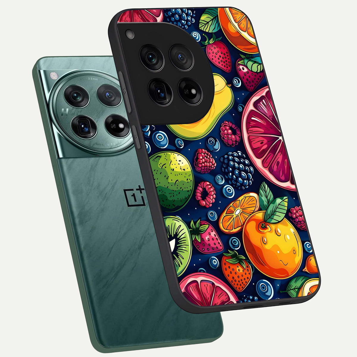  Cute Fruits Art phone case For OnePlus 12 showing premium glass back cover with detailed artwork