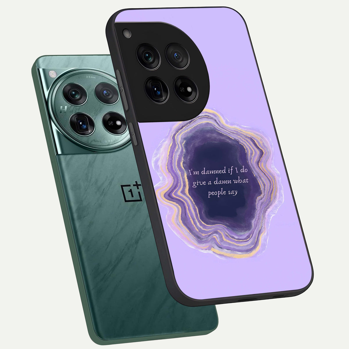  Damned People Quote phone case For OnePlus 12 showing premium glass back cover with detailed artwork
