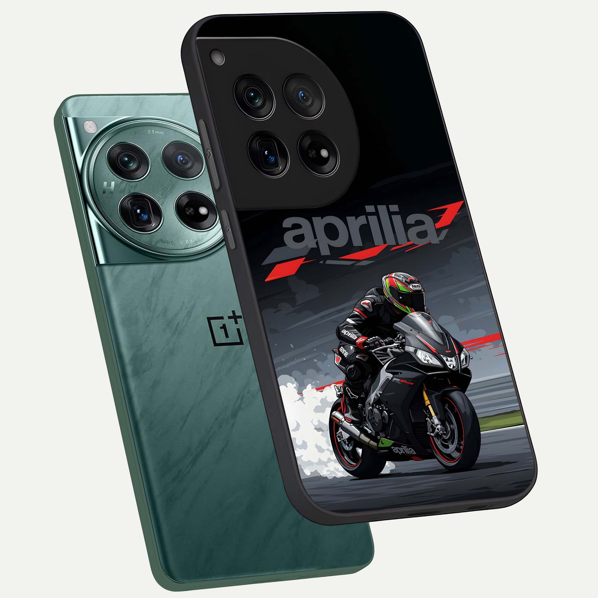  Dark Aprilla phone case For OnePlus 12 showing premium glass back cover with detailed artwork
