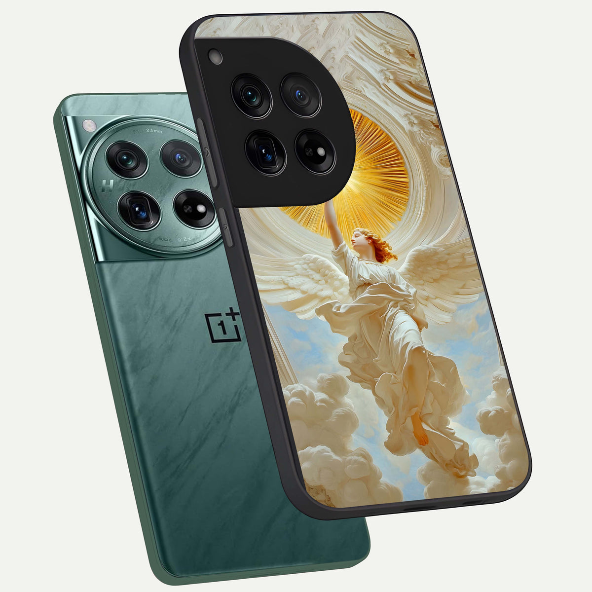  Divine Light Angel phone case For OnePlus 12 showing premium glass back cover with detailed artwork