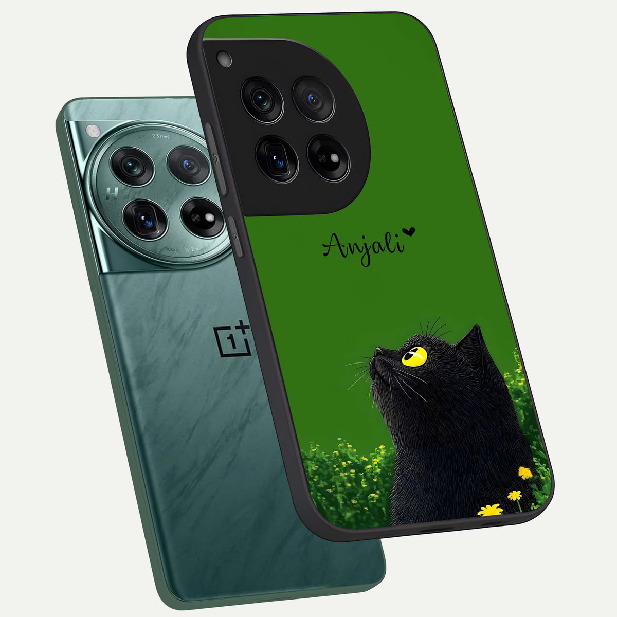  Emerald Cat Custom Name phone case For OnePlus 12 showing premium glass back cover with detailed artwork