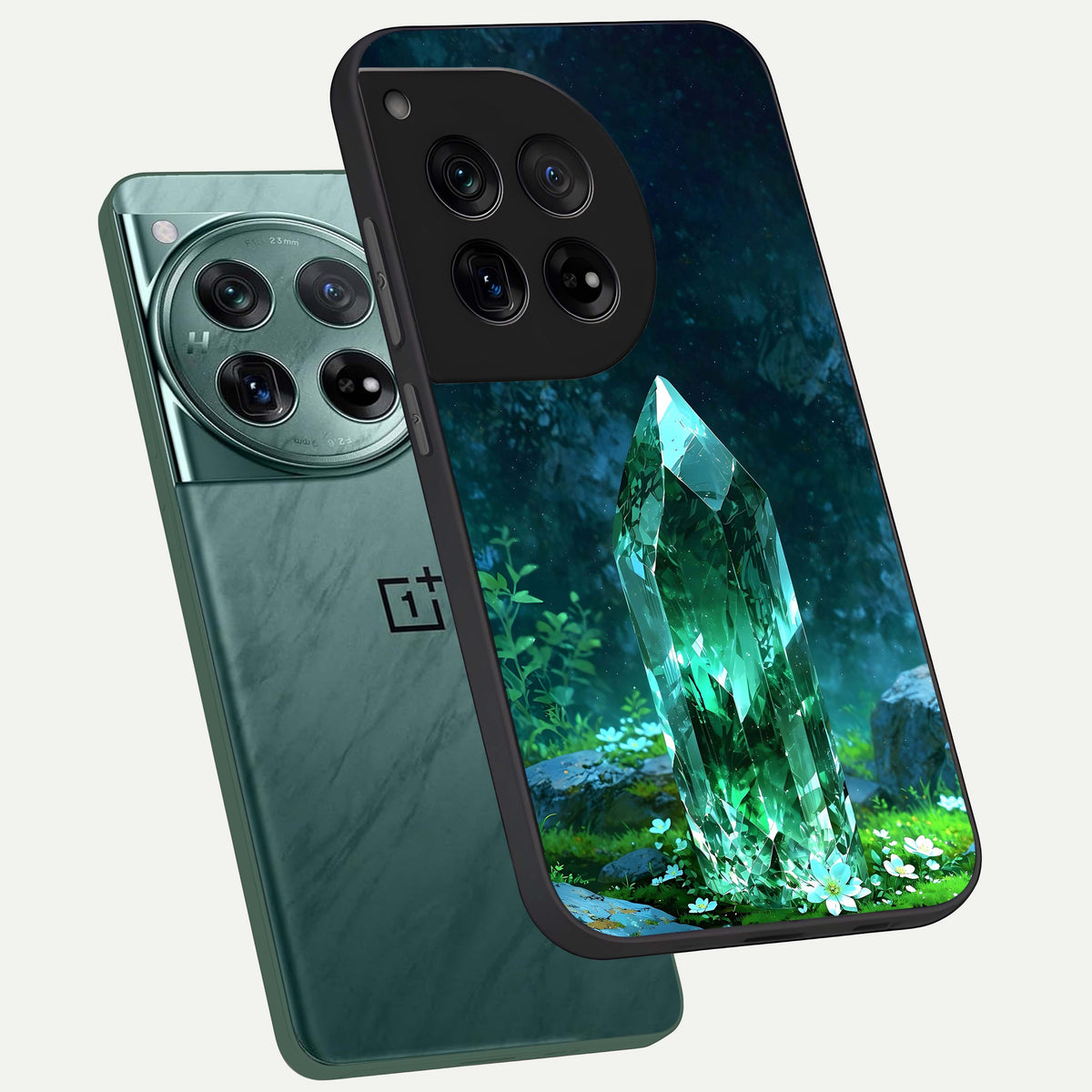  Emerald Light Crystal phone case For OnePlus 12 showing premium glass back cover with detailed artwork