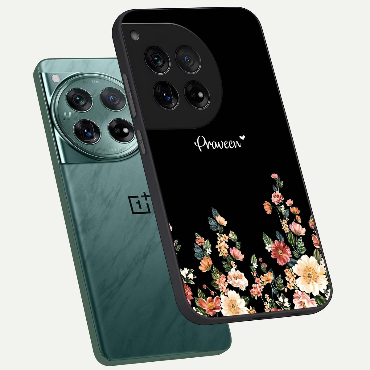  Floral Design Personalized Custom Name phone case For OnePlus 12 showing premium glass back cover with detailed artwork