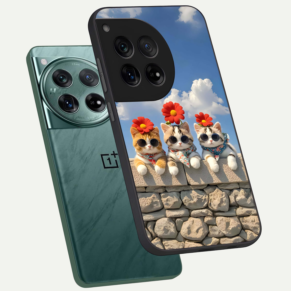  Floral Kitty Squad phone case For OnePlus 12 showing premium glass back cover with detailed artwork