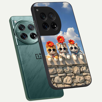 Floral Kitty Squad phone case For OnePlus 12 showing premium glass back cover with detailed artwork