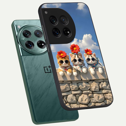  Floral Kitty Squad phone case For OnePlus 12 showing premium glass back cover with detailed artwork