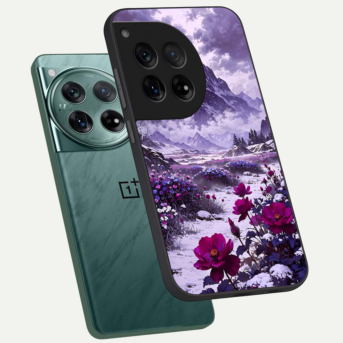  Flower Mountain View phone case For OnePlus 12 showing premium glass back cover with detailed artwork