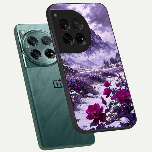  Flower Mountain View phone case For OnePlus 12 showing premium glass back cover with detailed artwork