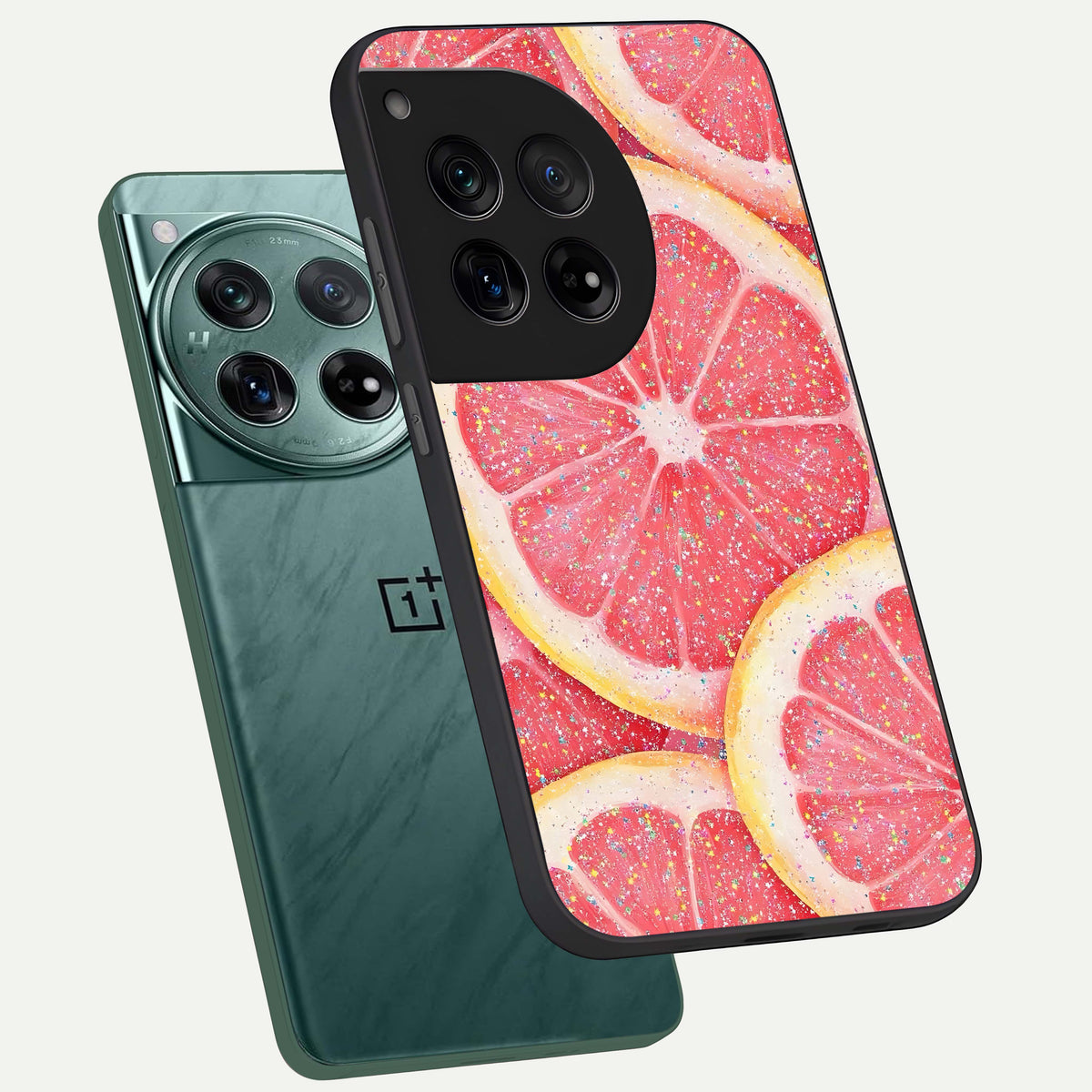  Glitter Grapefruit phone case For OnePlus 12 showing premium glass back cover with detailed artwork