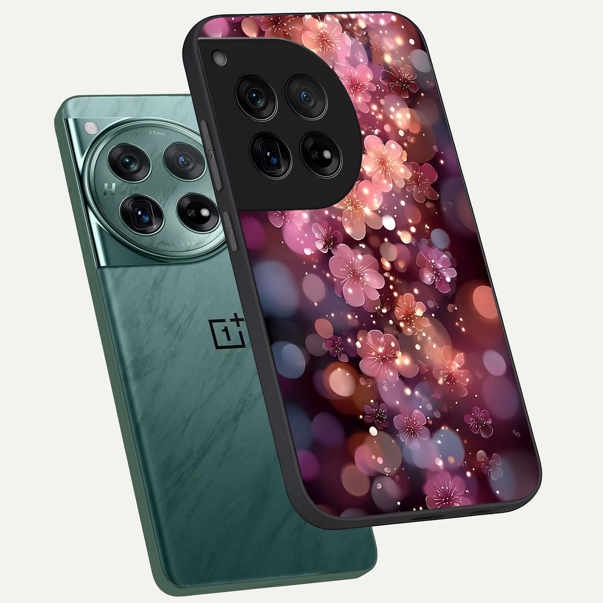  Glowing Petal Bliss phone case For OnePlus 12 showing premium glass back cover with detailed artwork