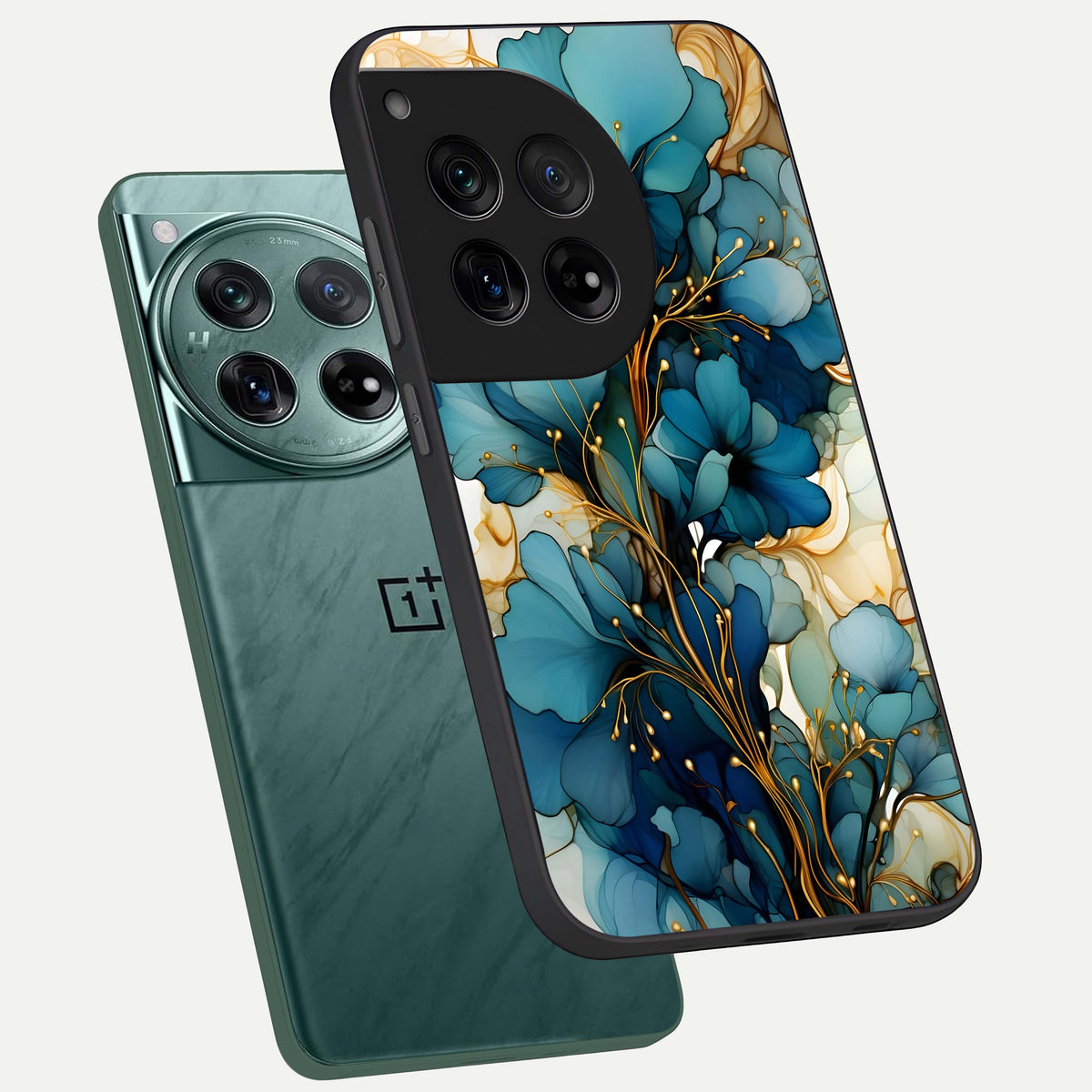  Golden Bloom Symphony phone case For OnePlus 12 showing premium glass back cover with detailed artwork