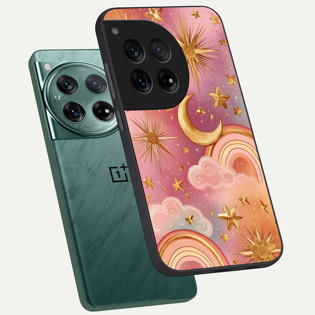  Golden Celestial Dreams phone case For OnePlus 12 showing premium glass back cover with detailed artwork