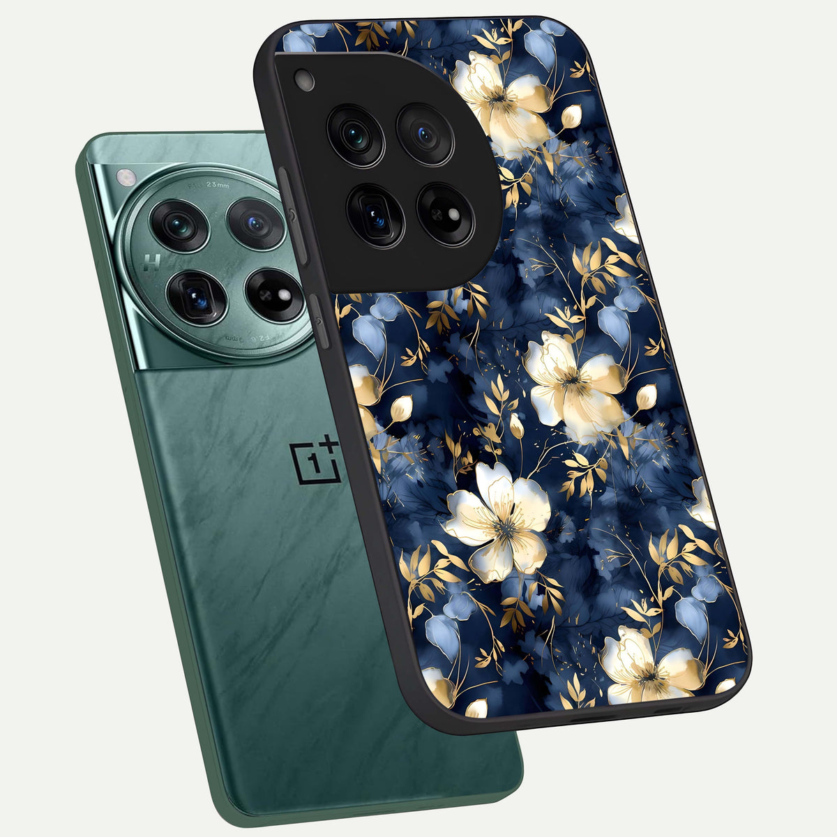  Golden Midnight Bloom phone case For OnePlus 12 showing premium glass back cover with detailed artwork
