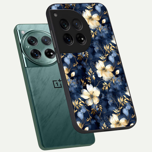  Golden Midnight Bloom phone case For OnePlus 12 showing premium glass back cover with detailed artwork