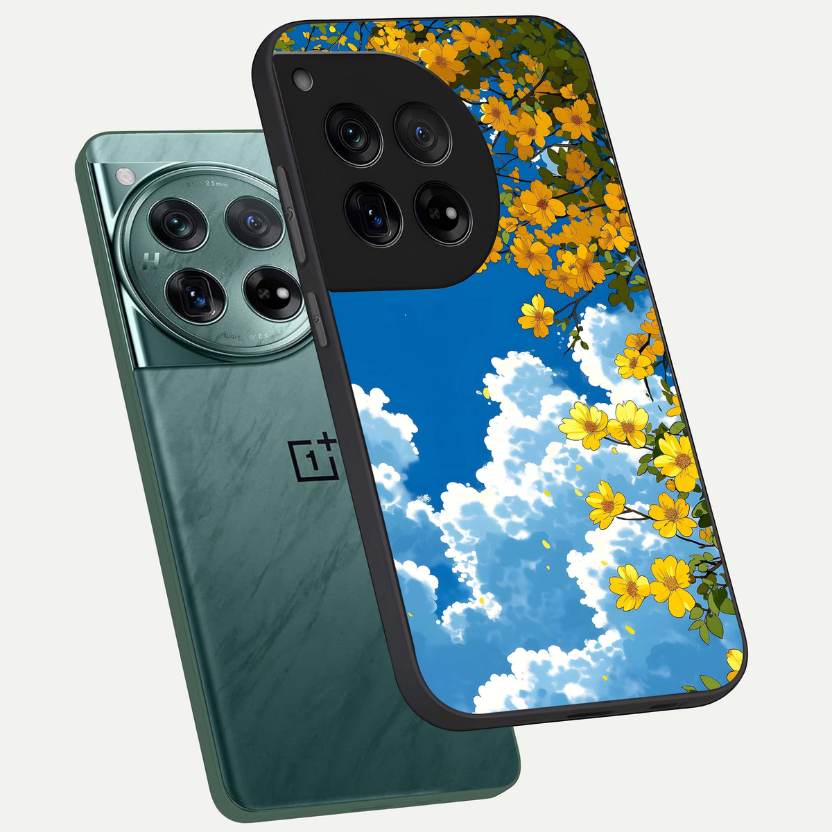  Golden Petal Sky phone case For OnePlus 12 showing premium glass back cover with detailed artwork