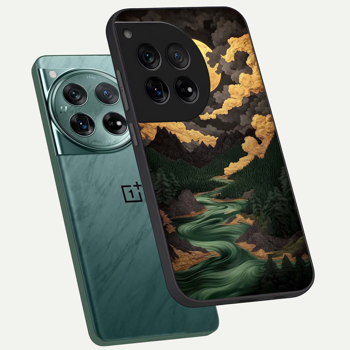  Golden River Moon phone case For OnePlus 12 showing premium glass back cover with detailed artwork