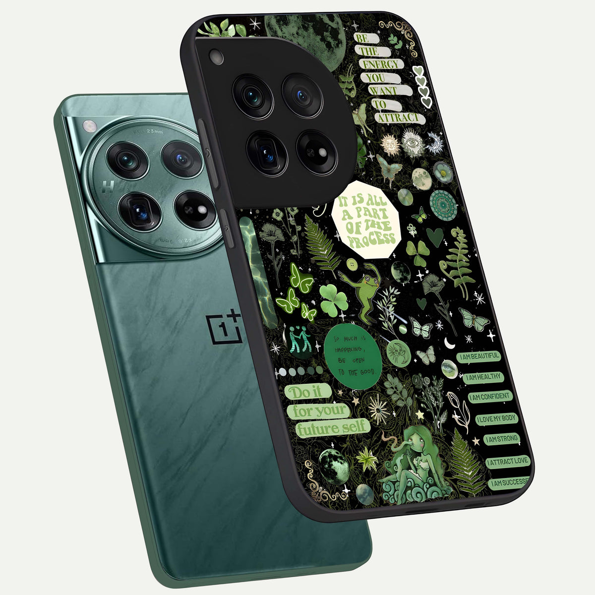  Green Mandala Pattern phone case For OnePlus 12 showing premium glass back cover with detailed artwork