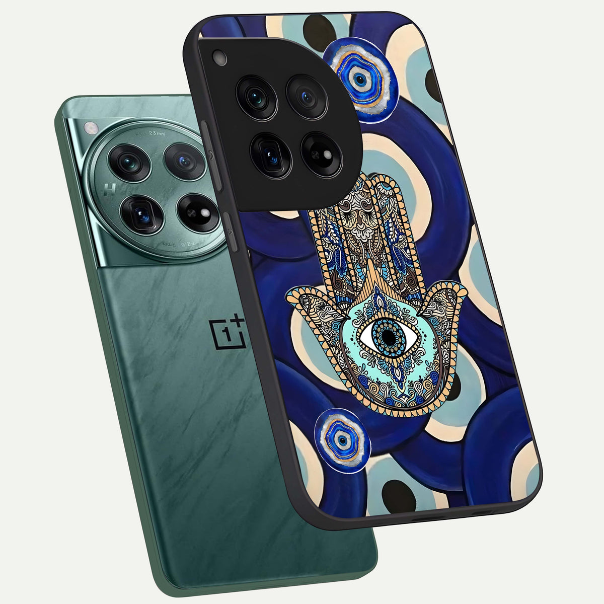  Hamsa Divine Guard phone case For OnePlus 12 showing premium glass back cover with detailed artwork