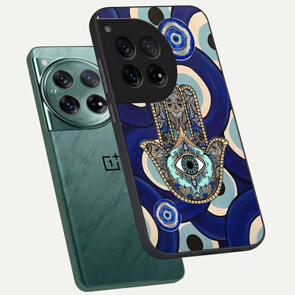  Hamsa Divine Guard phone case For OnePlus 12 showing premium glass back cover with detailed artwork