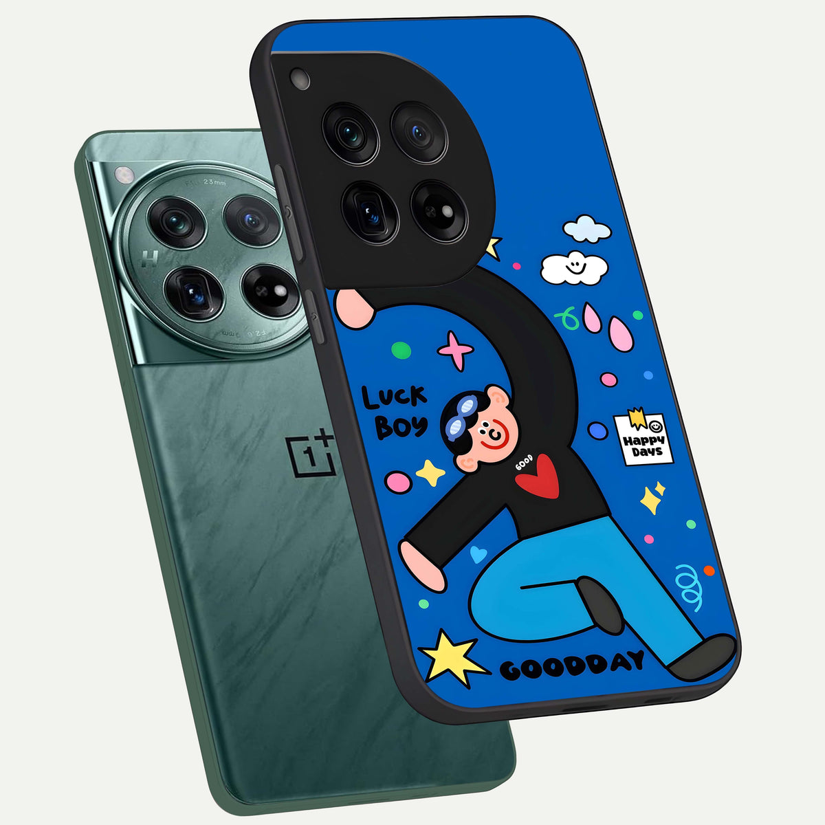  Happy Luck Vibe phone case For OnePlus 12 showing premium glass back cover with detailed artwork