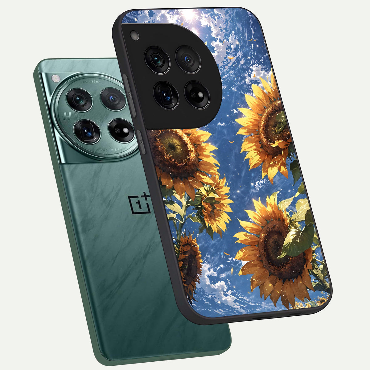  Heavenly Sunflower Rise phone case For OnePlus 12 showing premium glass back cover with detailed artwork
