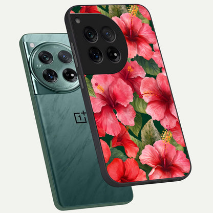  Hibiscus Pattern phone case For OnePlus 12 showing premium glass back cover with detailed artwork