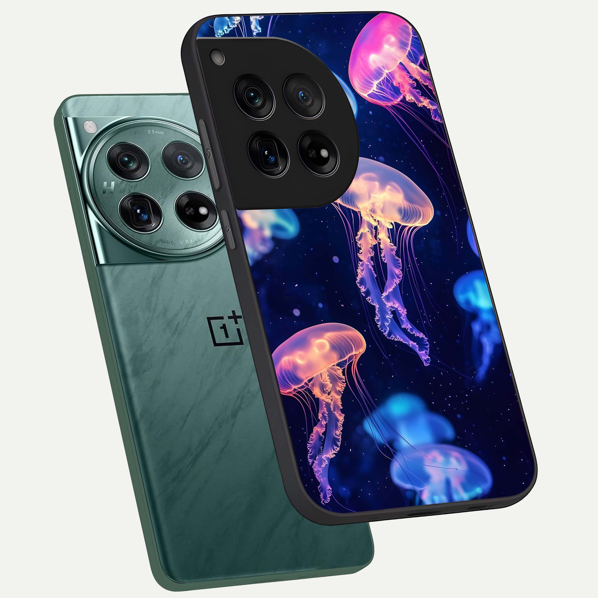  Jellyfish Pattern phone case For OnePlus 12 showing premium glass back cover with detailed artwork