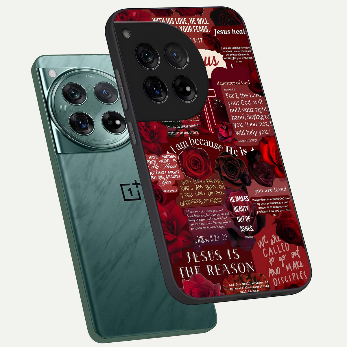  Jesus Love Heals phone case For OnePlus 12 showing premium glass back cover with detailed artwork