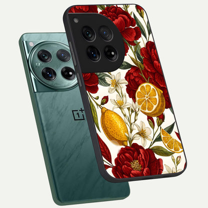  Lemon Rose Charm phone case For OnePlus 12 showing premium glass back cover with detailed artwork