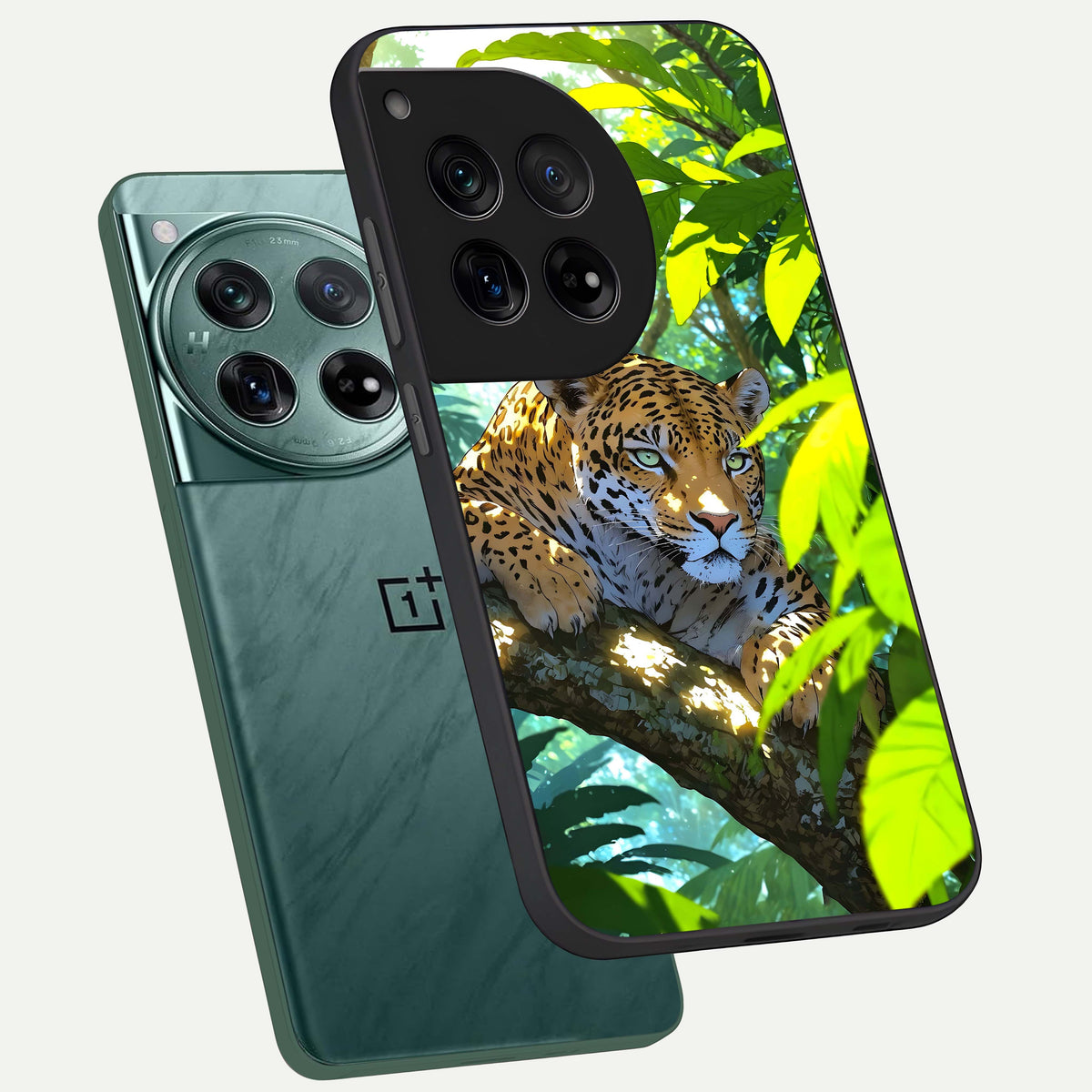  Leopard in Jungle phone case For OnePlus 12 showing premium glass back cover with detailed artwork