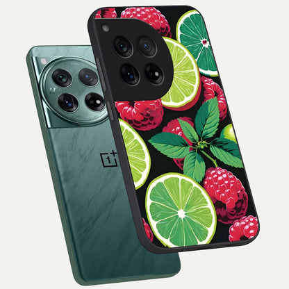  Lime and Raspberry Pattern phone case For OnePlus 12 showing premium glass back cover with detailed artwork