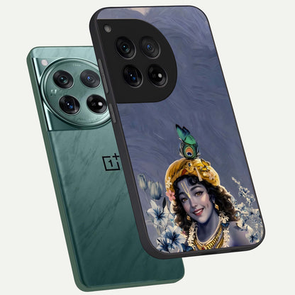  Lord Krishna phone case For OnePlus 12 showing premium glass back cover with detailed artwork