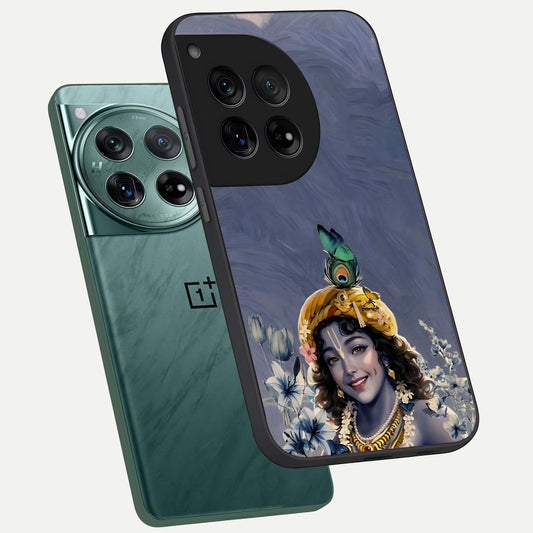  Lord Krishna phone case For OnePlus 12 showing premium glass back cover with detailed artwork