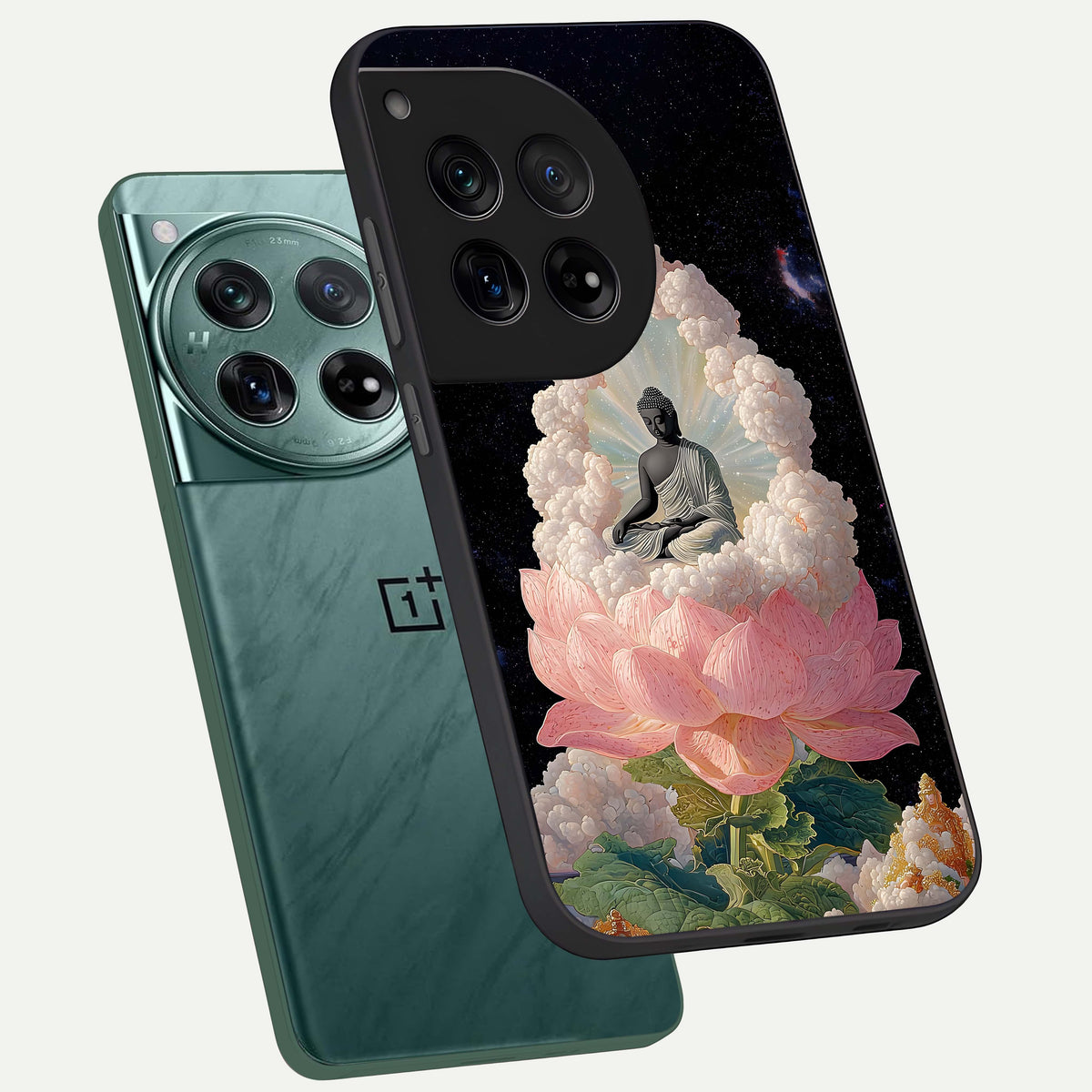  Lotus Divine Peace phone case For OnePlus 12 showing premium glass back cover with detailed artwork