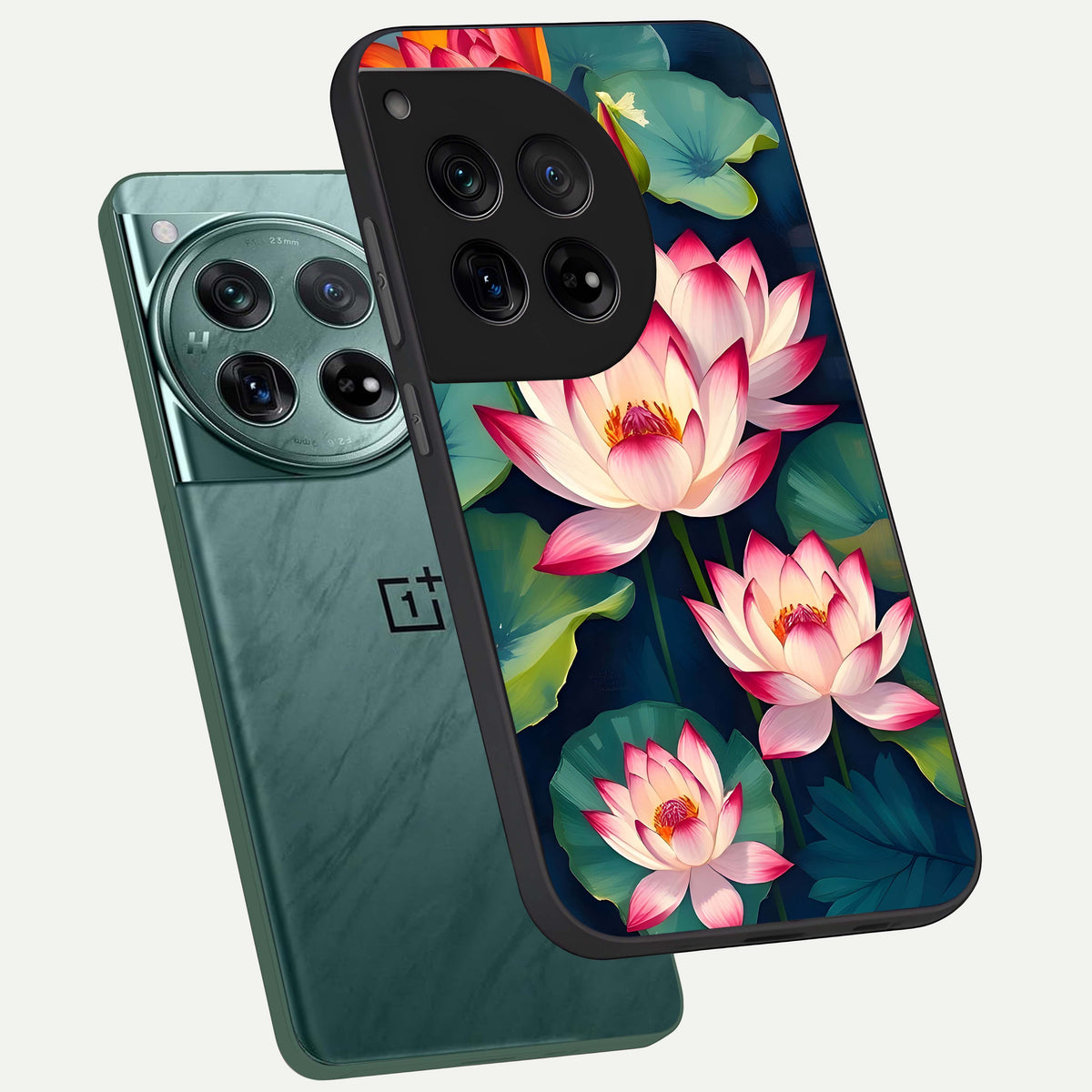  Lotus Dream Serenity phone case For OnePlus 12 showing premium glass back cover with detailed artwork