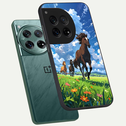  Majestic Horses Galloping phone case For OnePlus 12 showing premium glass back cover with detailed artwork