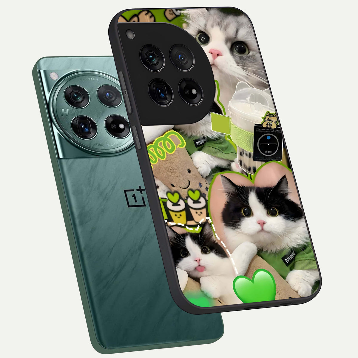  Matcha Cats Mood phone case For OnePlus 12 showing premium glass back cover with detailed artwork