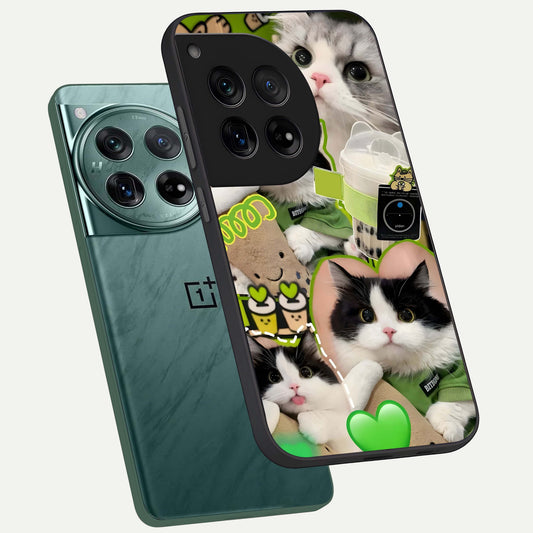  Matcha Cats Mood phone case For OnePlus 12 showing premium glass back cover with detailed artwork