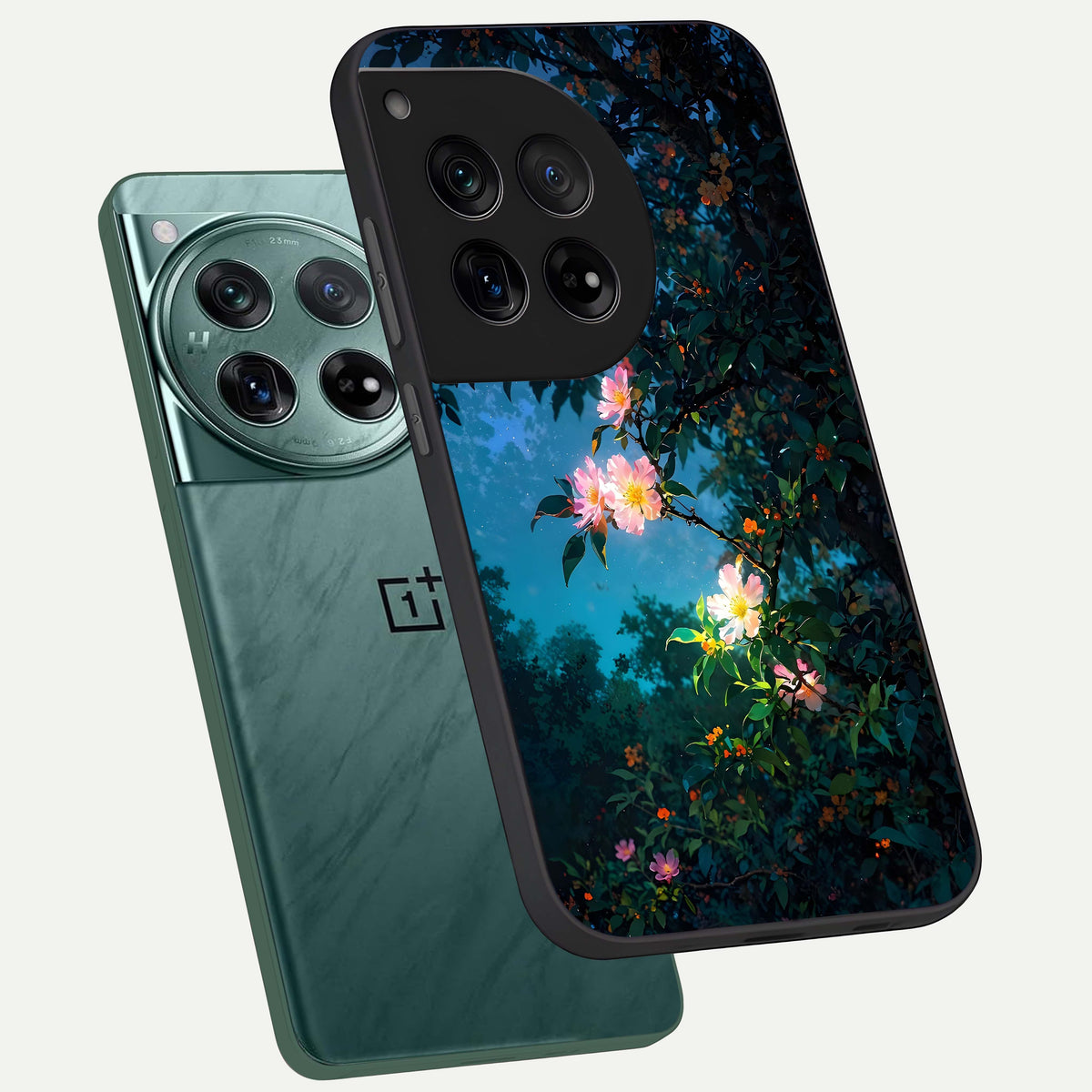  Midnight Bloom Glow phone case For OnePlus 12 showing premium glass back cover with detailed artwork