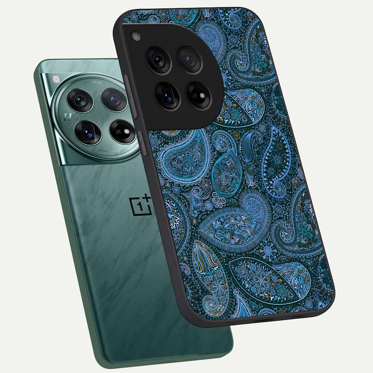  Midnight Paisley Glow phone case For OnePlus 12 showing premium glass back cover with detailed artwork