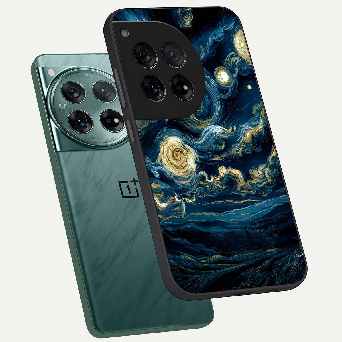  Midnight Sky Whirl phone case For OnePlus 12 showing premium glass back cover with detailed artwork