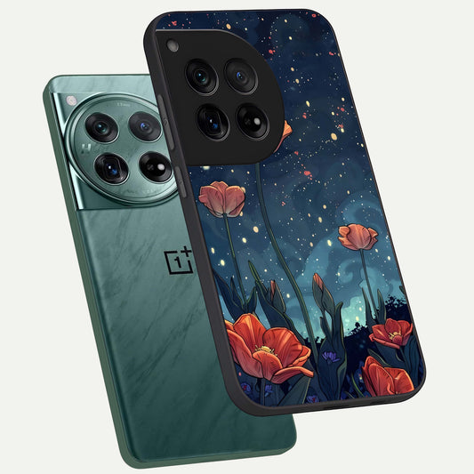  Midnight Tulip Glow phone case For OnePlus 12 showing premium glass back cover with detailed artwork