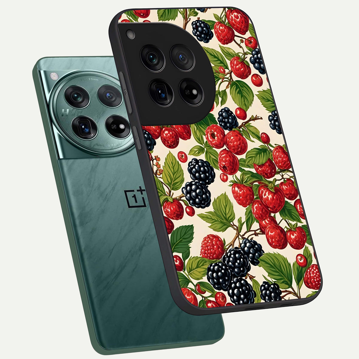  Mixed Berry Collage phone case For OnePlus 12 showing premium glass back cover with detailed artwork