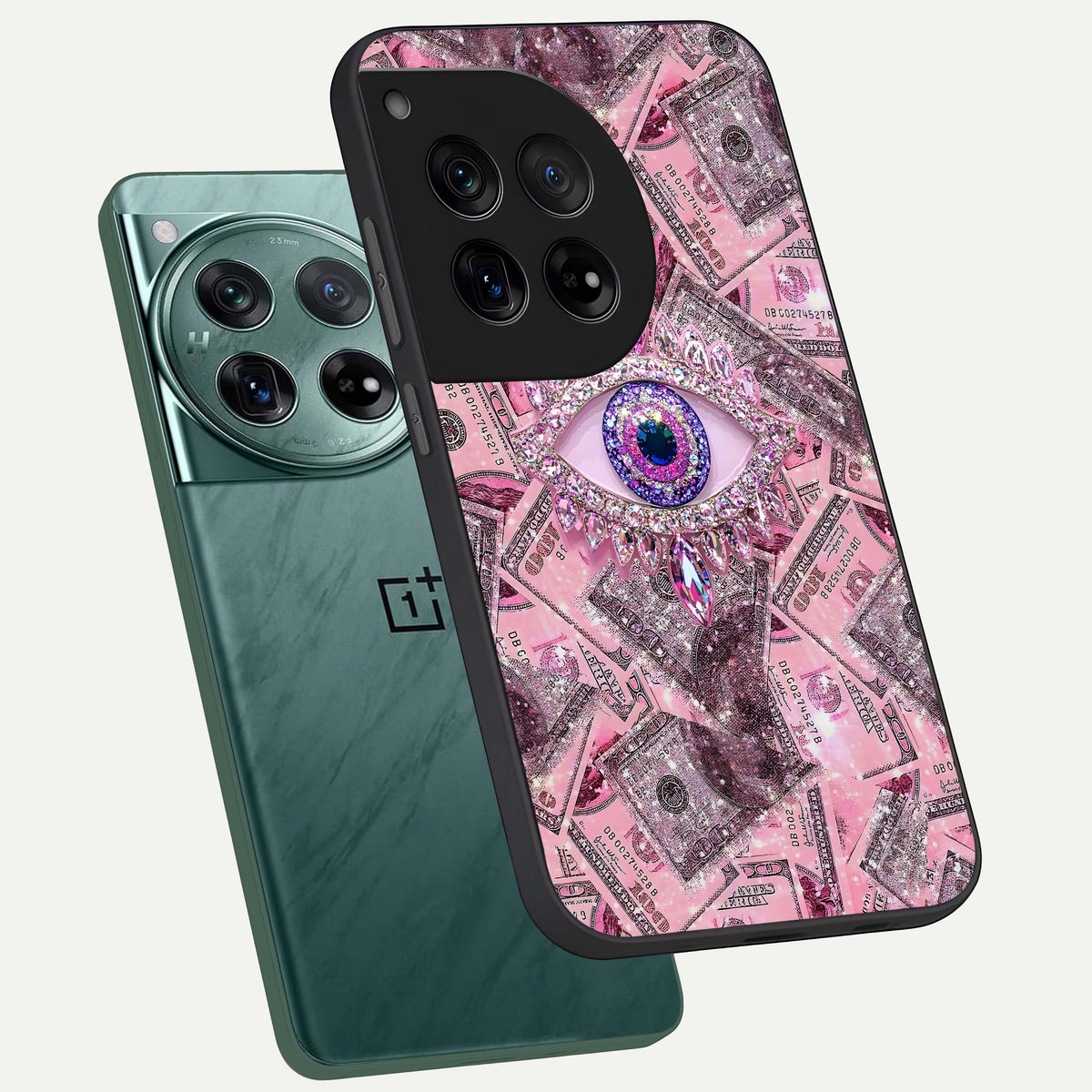  Money Eye Luxe phone case For OnePlus 12 showing premium glass back cover with detailed artwork