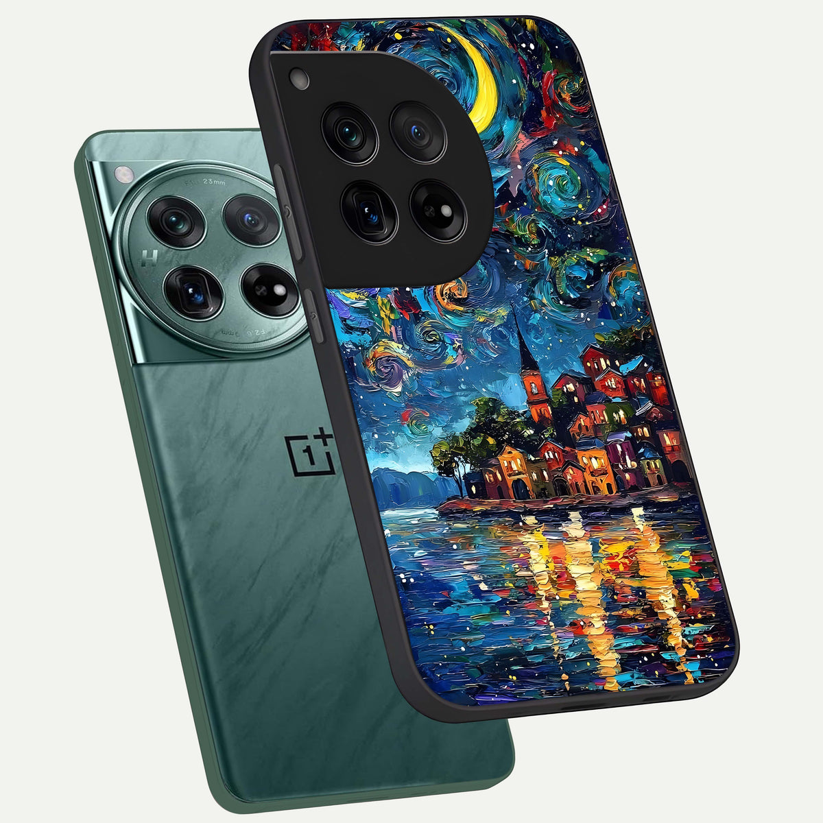  Moonlight Harbor Glow phone case For OnePlus 12 showing premium glass back cover with detailed artwork