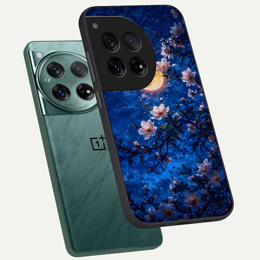  Moonlit Blossoms Night phone case For OnePlus 12 showing premium glass back cover with detailed artwork