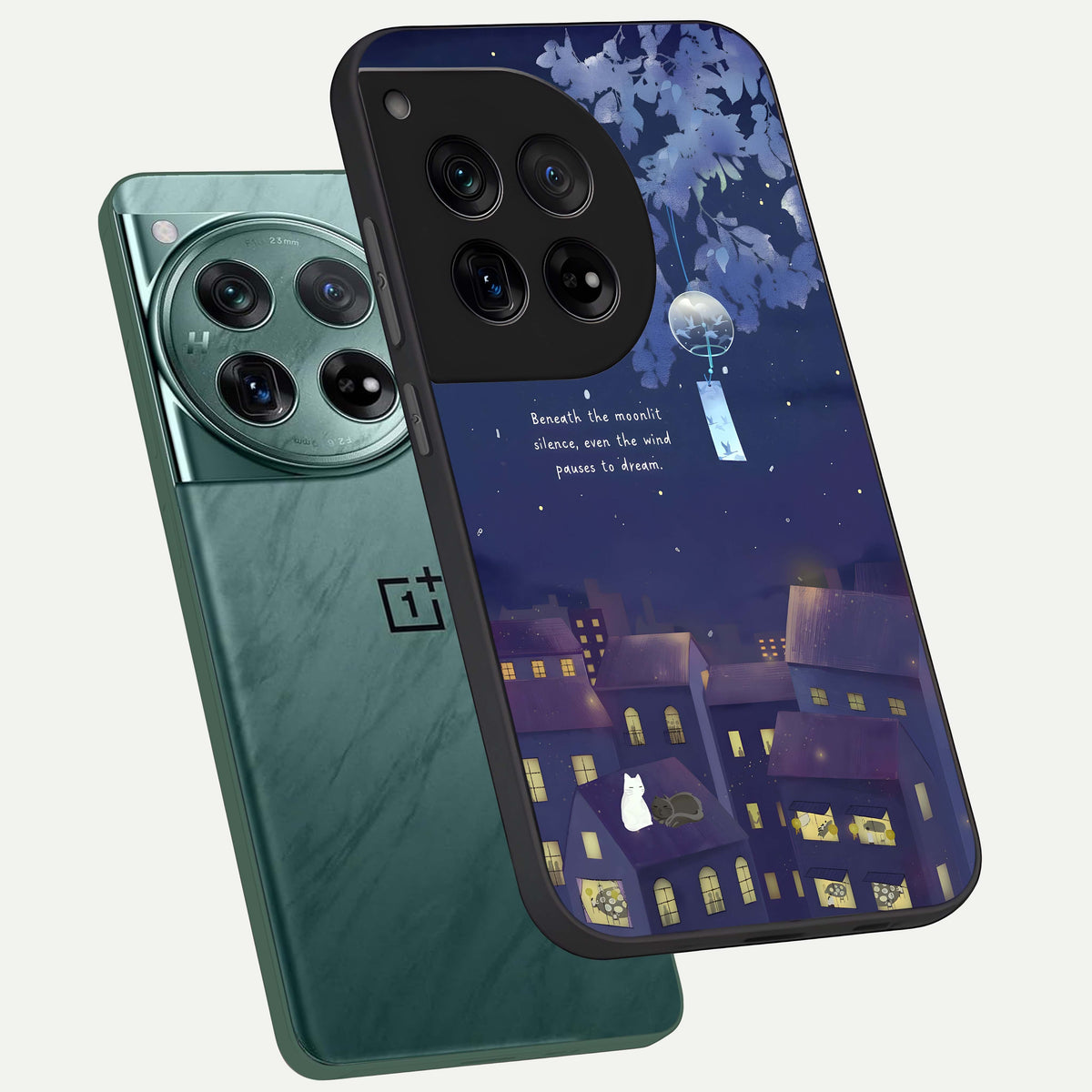  Moonlit Cat Silence phone case For OnePlus 12 showing premium glass back cover with detailed artwork