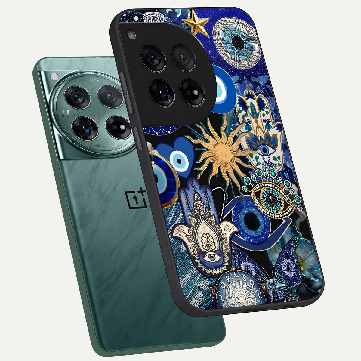  Mystic Blue Evil Eye phone case For OnePlus 12 showing premium glass back cover with detailed artwork