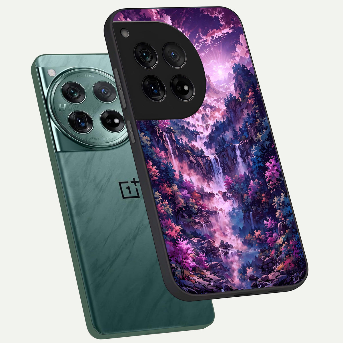  Mystic Cascade Peaks phone case For OnePlus 12 showing premium glass back cover with detailed artwork