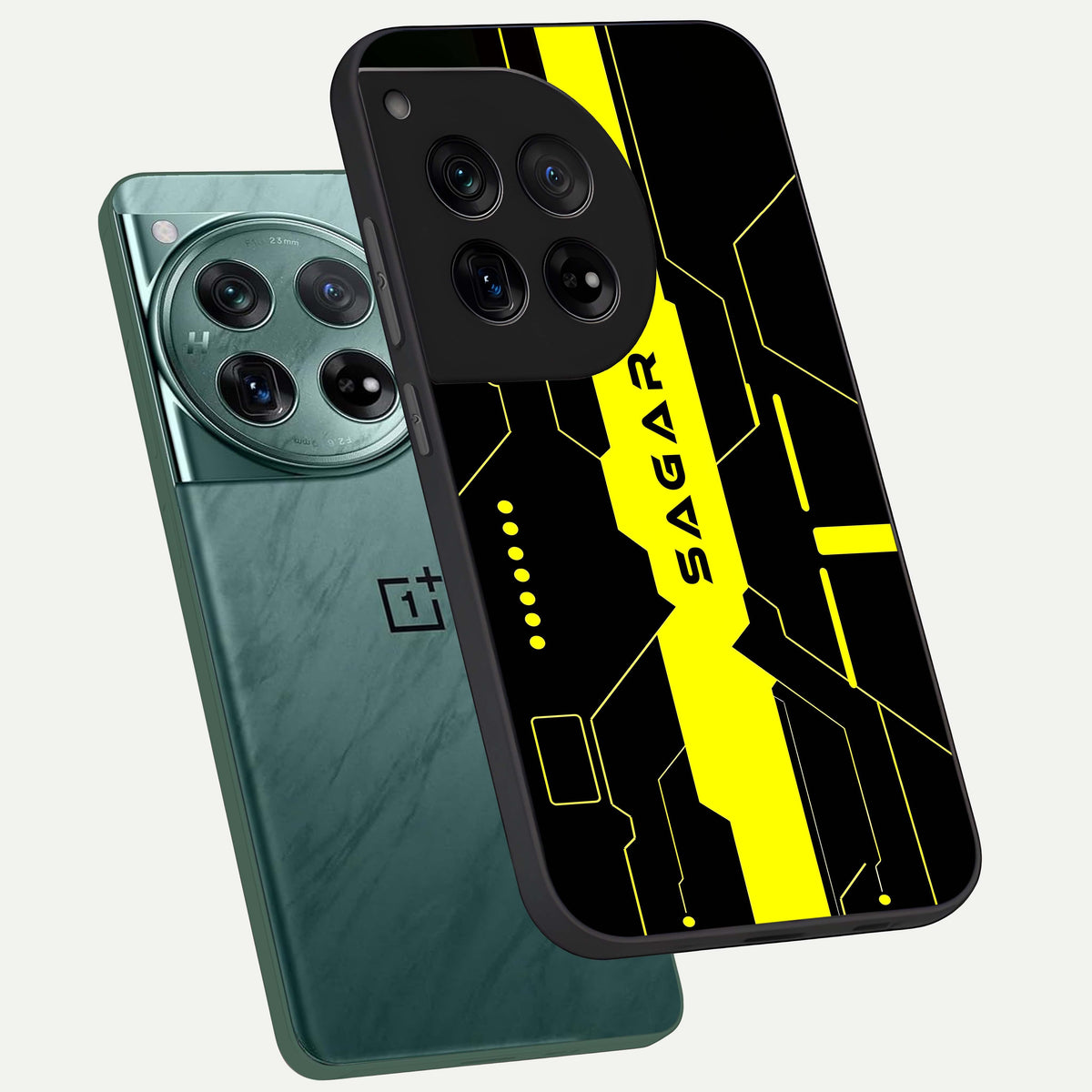  Neon CYBERPUNK Custom Name phone case For OnePlus 12 showing premium glass back cover with detailed artwork